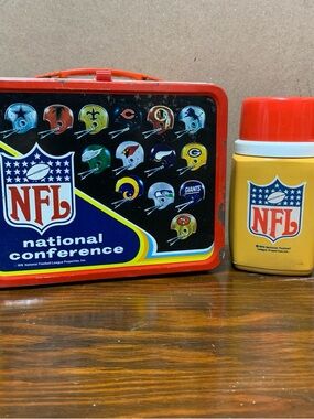 NFL Metal Lunchbox and Matching Thermos in Red, Yellow, Blue
